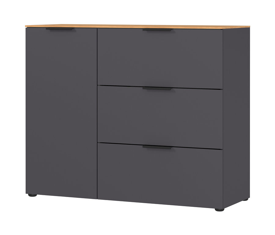 Kleines graphitfarbenes Sideboard »CALIFORNIA« mit hellbrauner Holzplatte und schwarzen Griffen.