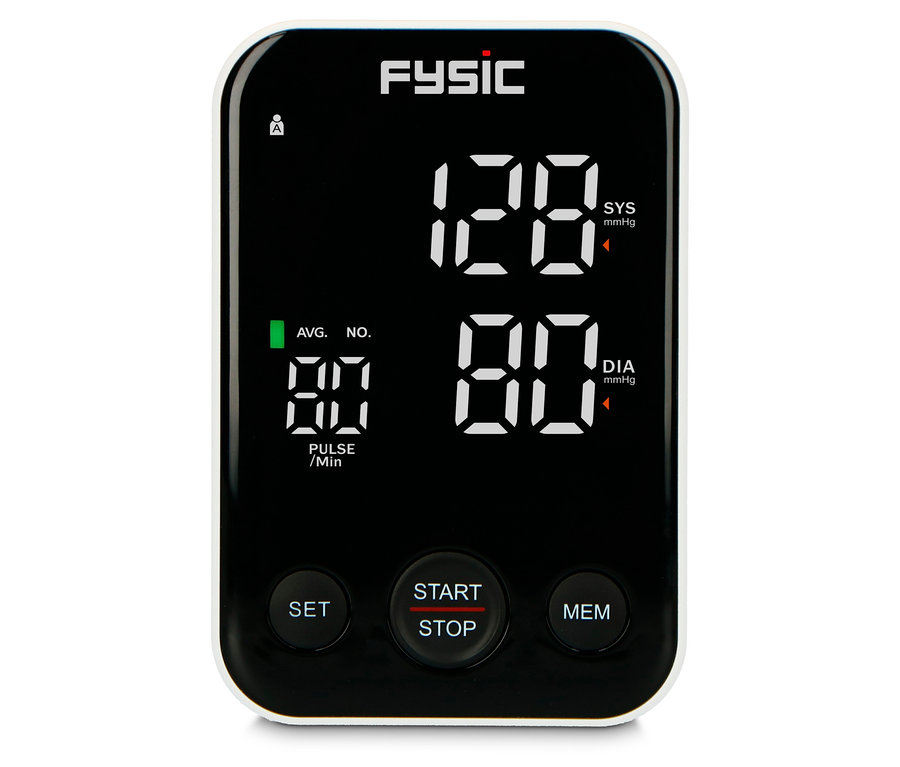 Ein schwarzes digitales Blutdruckmessgerät von Fysic zeigt Werte von 128/80 und einen Puls von 90. Zu sehen ist das Oberarm-Blutdruckmessgerät mit HD-Display.