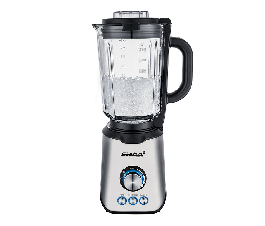 Silberner Steba Standmixer »MX 4 Plus« mit Eiswürfeln im Behälter.