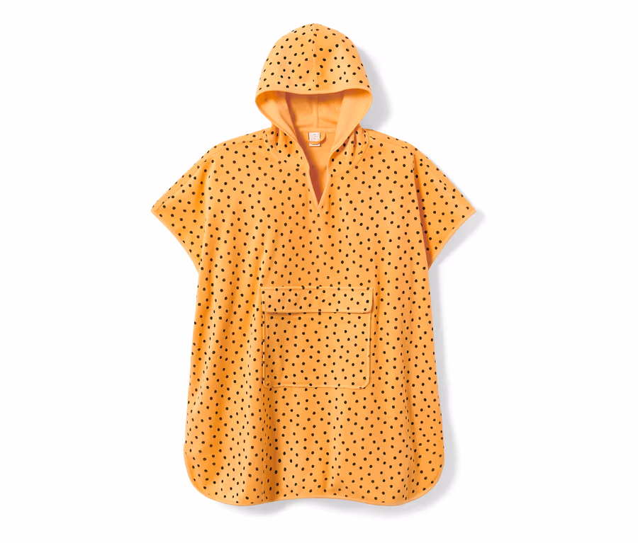 Orangefarbener Kleinkind-Frottierponcho mit schwarzen Punkten und Kapuze.