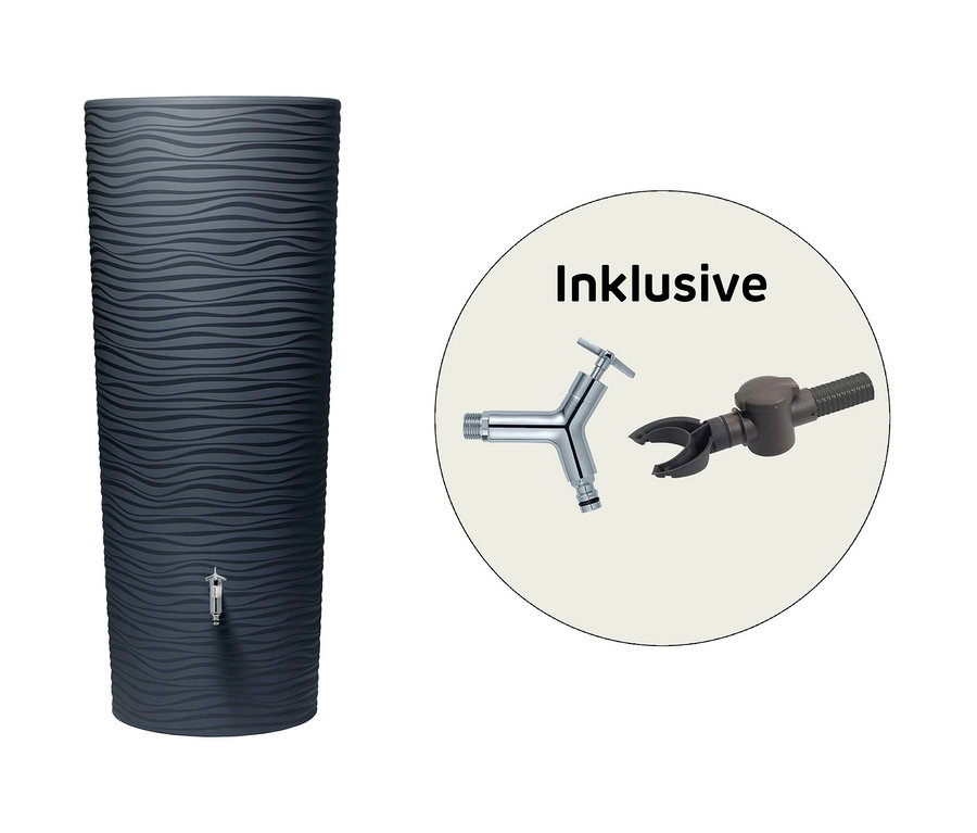 Abbildung einer graphitgrauen Garantia 2-in-1-Regentonne mit ca. 350 l Fassungsvermögen, inklusive Wasserhahn und Zubehör.