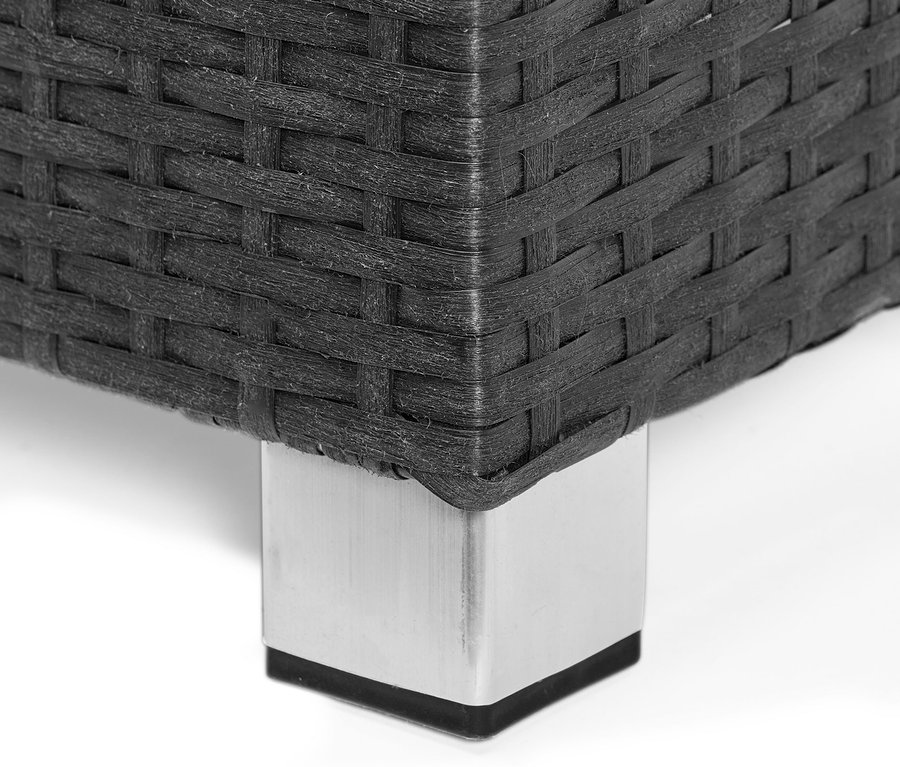Detailaufnahme eines anthrazitfarbenen 2-in-1-Pflanzgefäßes und Raumteilers aus Polyrattan, ca. 73 x 76 cm.