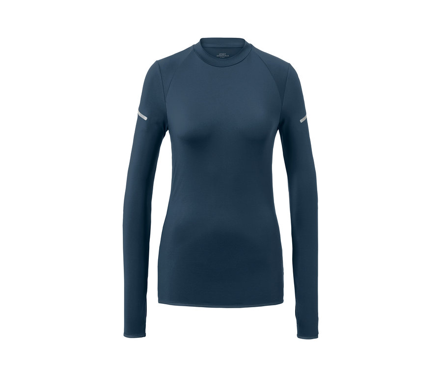 Dunkelblaues Langarm-Funktionsshirt auf weißem Hintergrund.