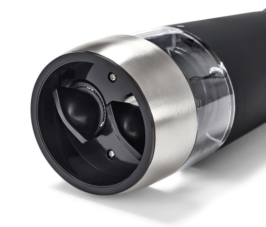 Detailansicht einer elektrischen 2-in-1-Salz- und Pfeffermühle.