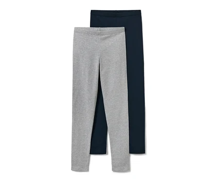 Zwei Kinderleggings: eine graue, eine dunkelblaue.