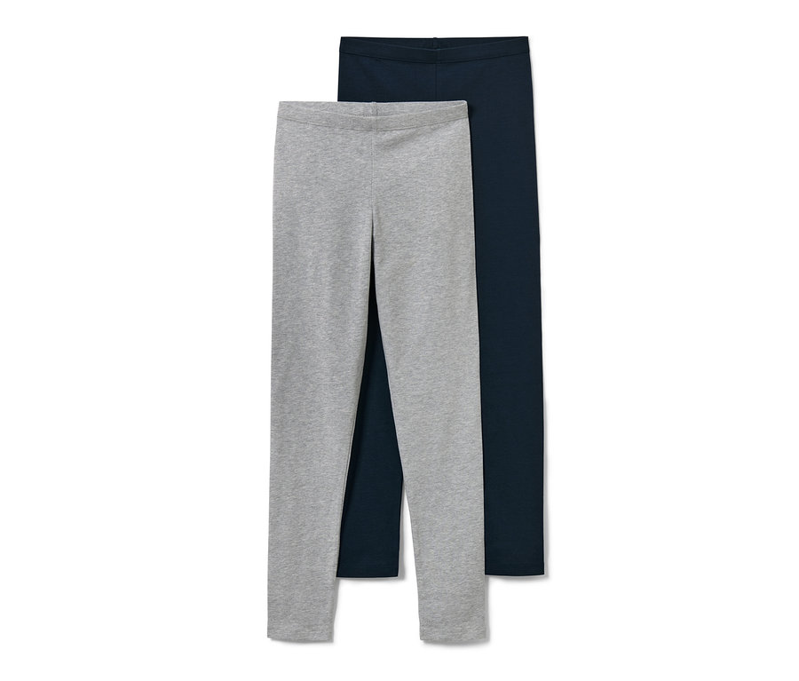 Zwei Kinderleggings: eine graue, eine dunkelblaue.