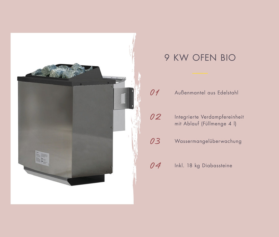 Saunaofen aus Edelstahl mit Lavasteinen darauf.