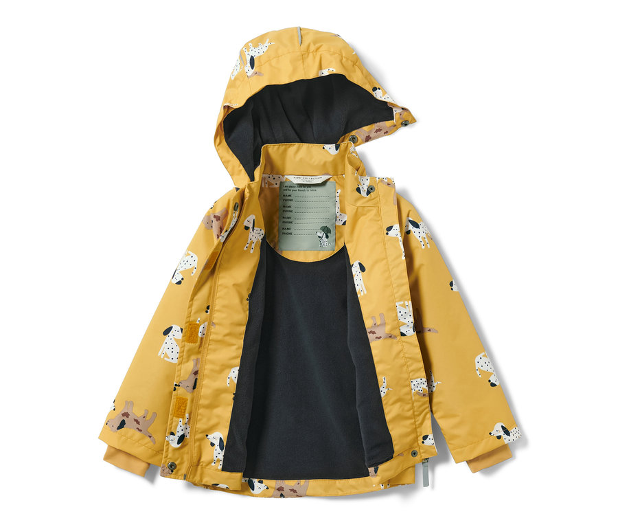 Gelbe Kinder-Thermo-Regenjacke mit Dalmatiner-Print, offen.
