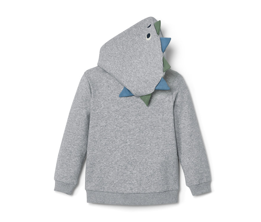 Rückansicht einer Kinder-Sweatjacke mit Dino-Applikation auf der Kapuze.