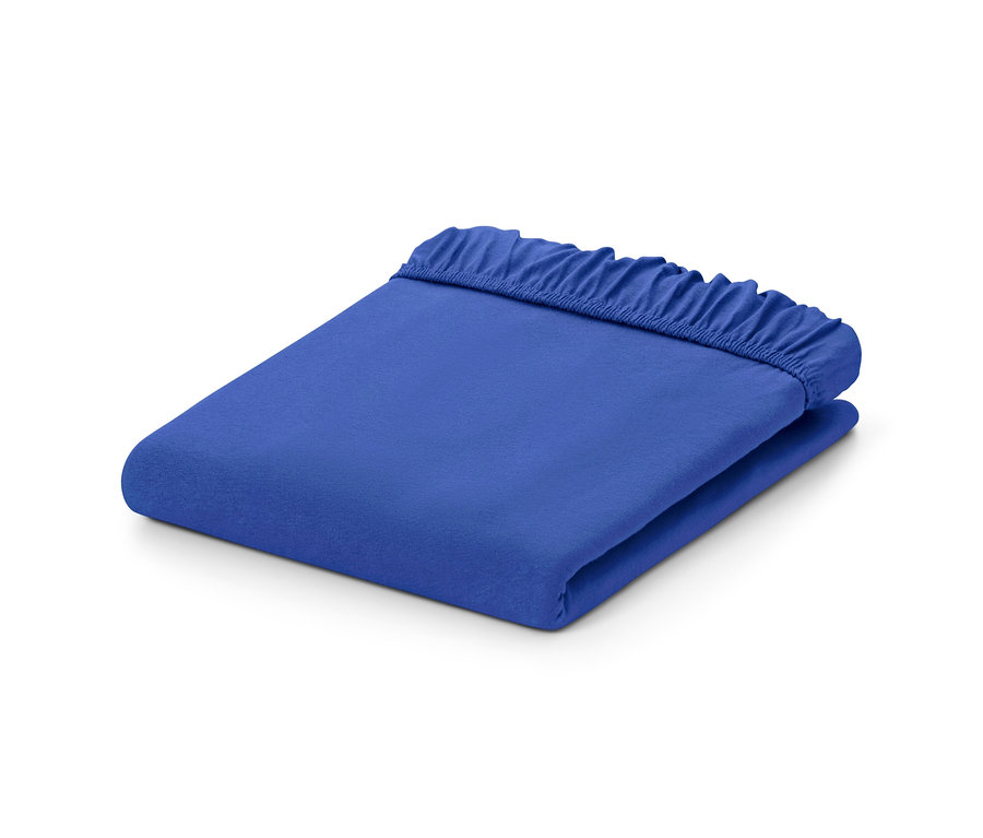 Gefaltetes blaues Jersey-Spannbettlaken.
