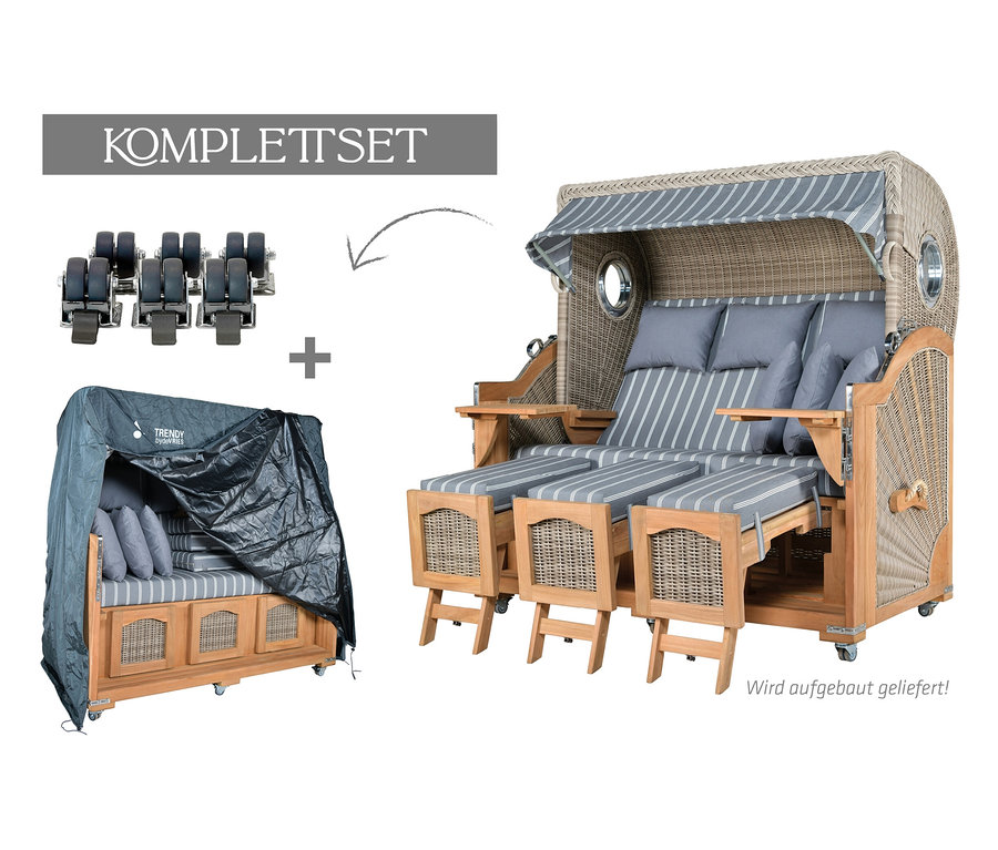 deVries Teak-Strandkorb, 3-Sitzer komplett mit Rollen und Abdeckplane.