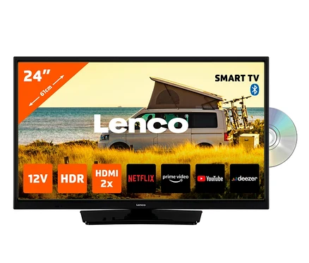 Ein schwarzer Lenco 24-Zoll-HD-LED-Fernseher mit DVD-Player zeigt einen Strand mit einem Lieferwagen auf dem Bildschirm.