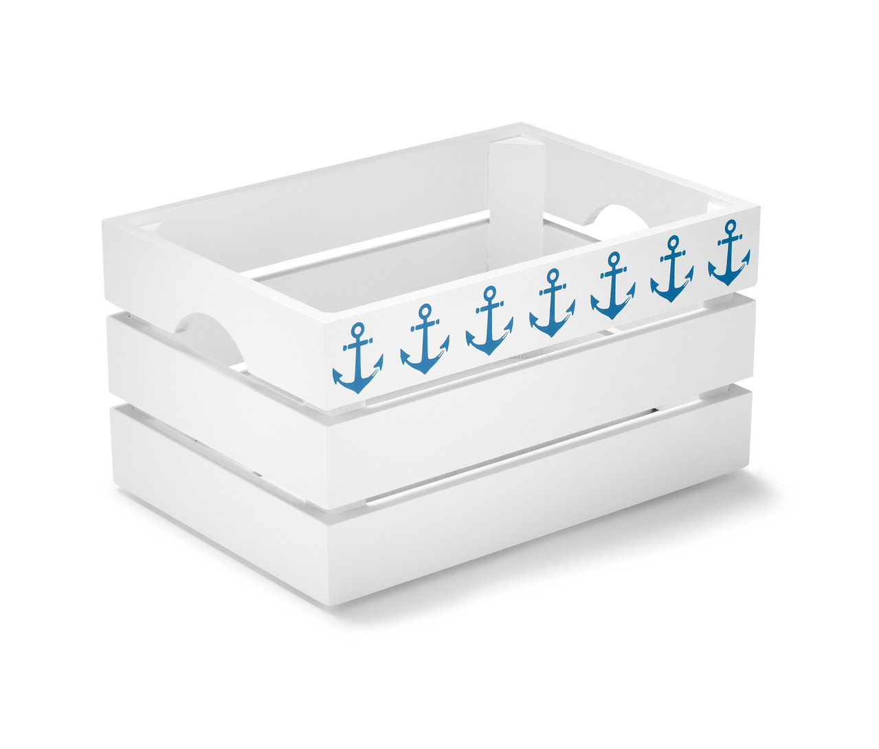 Dekorative Holzkiste mit blauen Ankern auf weißem Hintergrund.