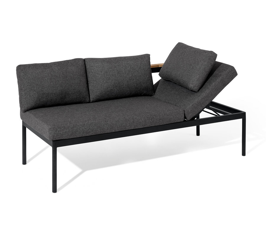 Graue 2-in-1-Dining-Bank-Liege »Elin« mit schwarzem Rahmen und Kissen auf weißem Hintergrund.