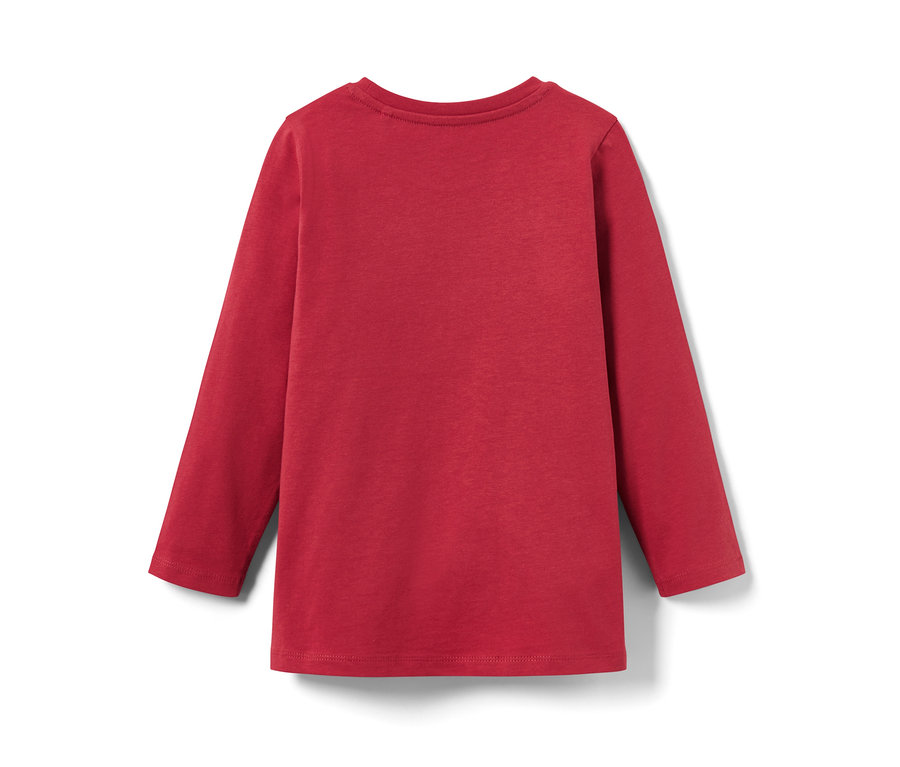 Detailansicht eines roten Kleinkind-Langarmshirts.