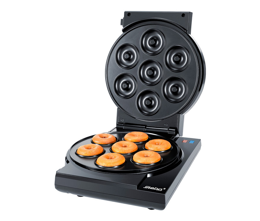 Offener, schwarzer Steba Cake-Maker 3-in-1 »CM 3« mit sechs Krapfen im Inneren.