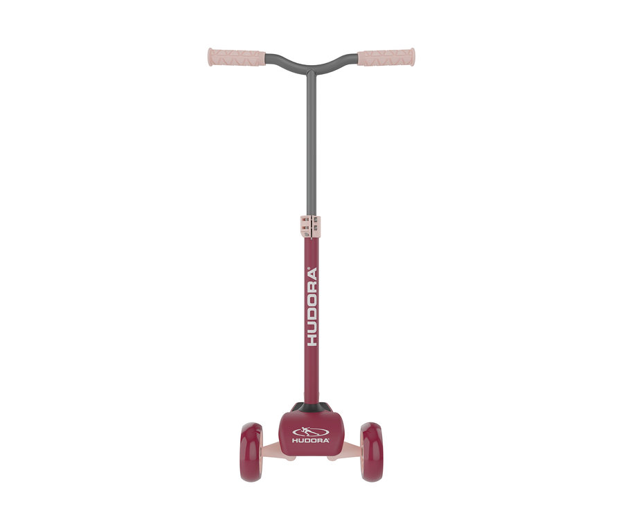 Frontansicht eines bordeauxroten HUDORA Tri-Scooters.