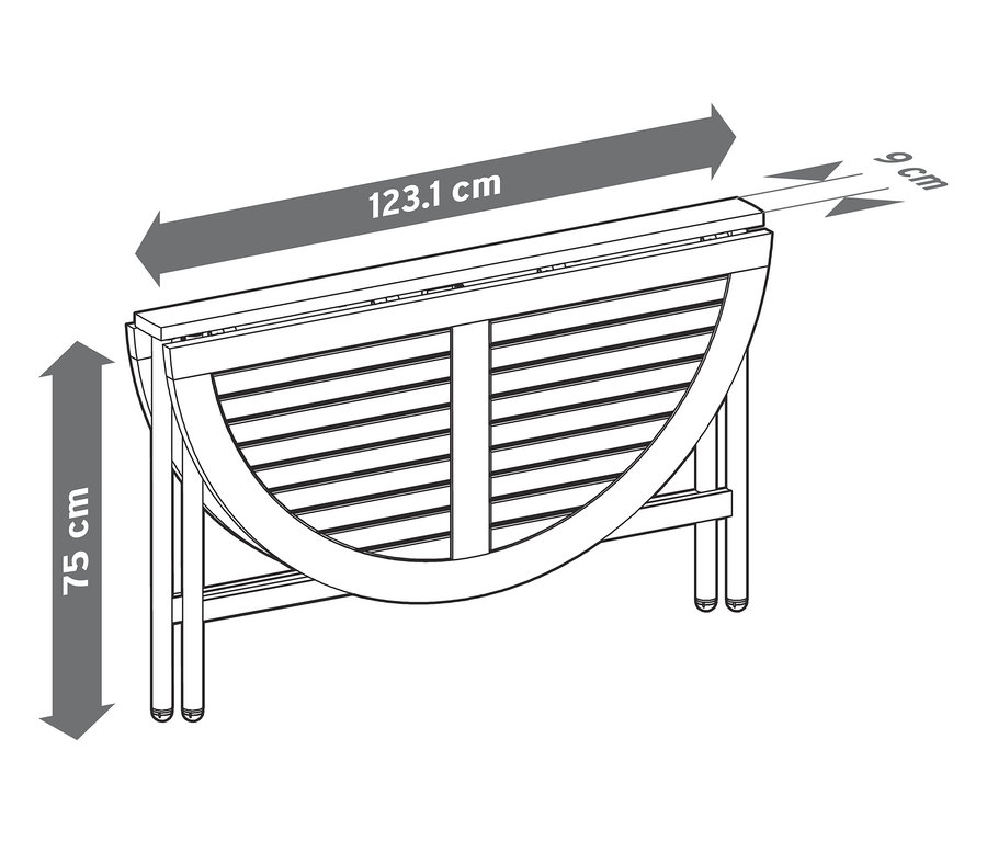 Eine Illustration eines Ausklapptischs »Elin« mit den Maßen 123,1 cm breit und 75 cm hoch.