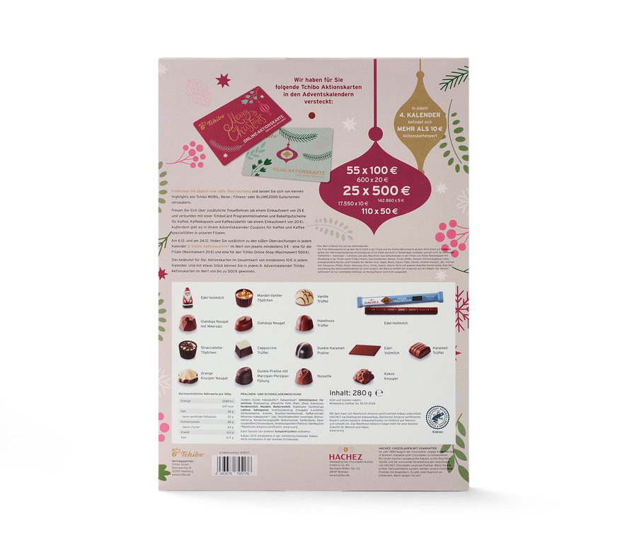 Tchibo-Adventskalender mit Pralinen und Aktionskarten.