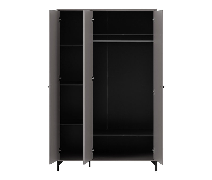 Geöffneter anthrazitfarbener Kleiderschrank "Smash" mit Regalen und Kleiderstange.