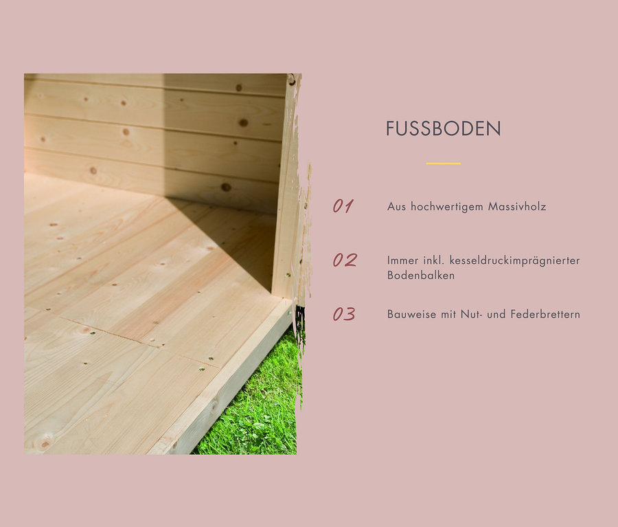 Boden des Karibu Hybrid-Saunahaus »Alice 3« aus Massivholz.