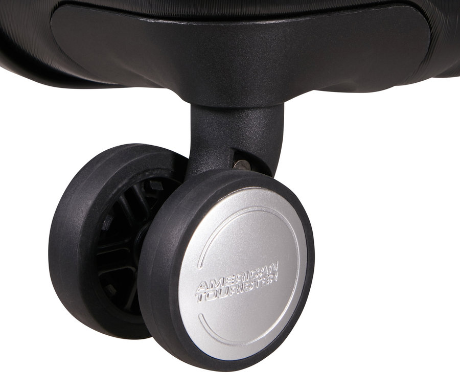 Detailaufnahme eines schwarzen American Tourister »Mickey Clouds« Spinner-Koffers, der die Räder zeigt.