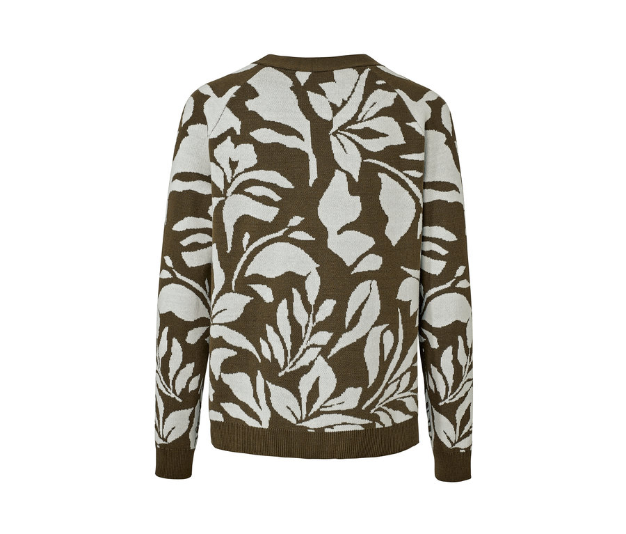 Rückansicht eines Grobstrick-Cardigans mit Jacquard-Muster mit Blättermotiv.