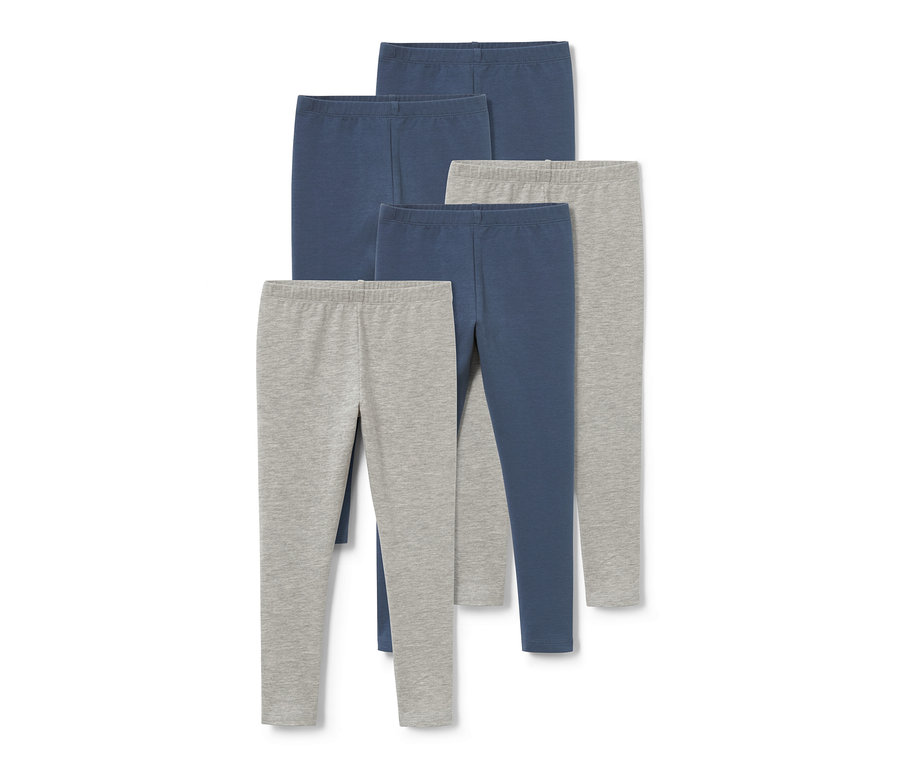Fünf einfarbige Kinder-Leggings in Blau und Grau.