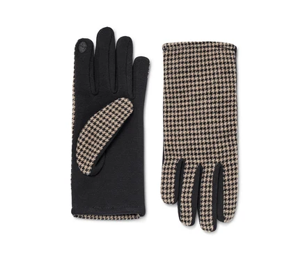 Zwei Handschuhe: einer schwarz und einer mit Hahnentrittmuster.