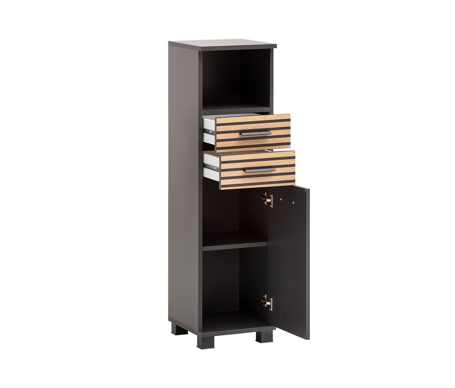 Anthrazitfarbenes Highboard »Katta« mit einer Tür und zwei Schubladen.