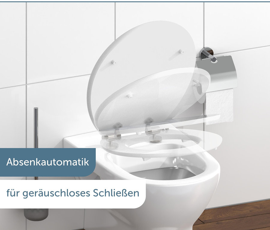 WC-Becken mit geöffnetem MDF WC-Sitz, High Gloss Geo.