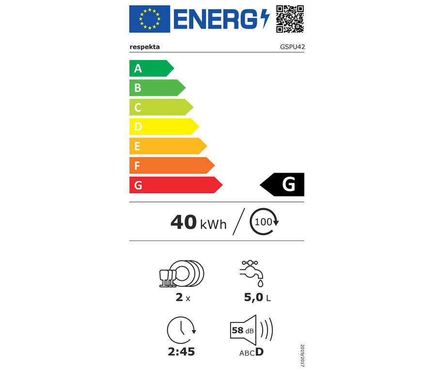 Energielabel für den Respekta Tisch- und Einbaugeschirrspüler »GSPU42«, Klasse G, 40 kWh/100 Zyklen, 5,0 L Wasserverbrauch, 58 dB.