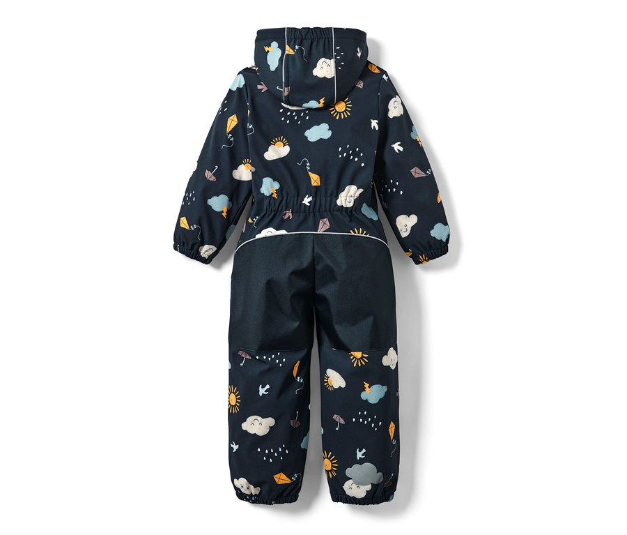 Kleinkind-Softshell-Einteiler, Alloverprint blau von hinten gezeigt.