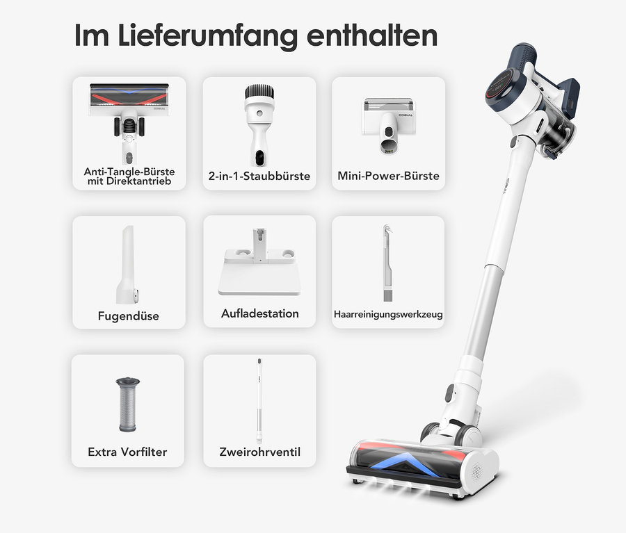 Abbildung des Tineco Pure One S15 Flex Akkusaugers mit Zubehör, inklusive Bürsten und Ladestation.