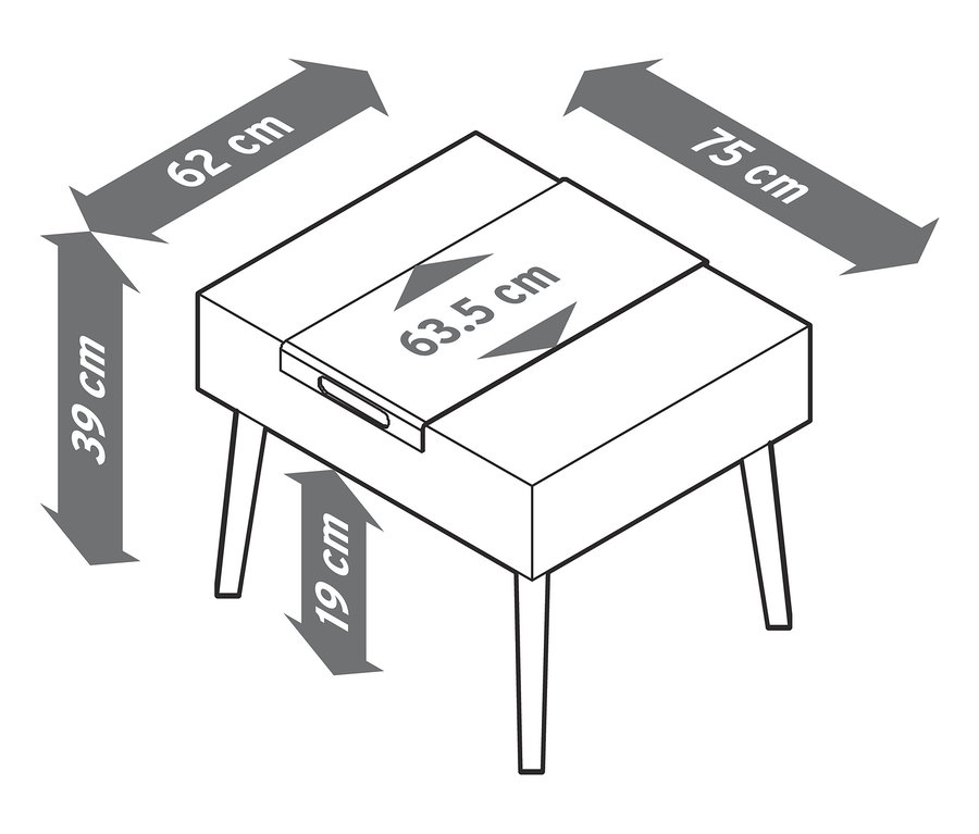 Abmessungen des Premium-Lounge-Sets mit Sitzhocker und Tablett: 62 cm x 39 cm, Beinhöhe 19 cm, Tischplatte 63,5 cm x 75 cm.