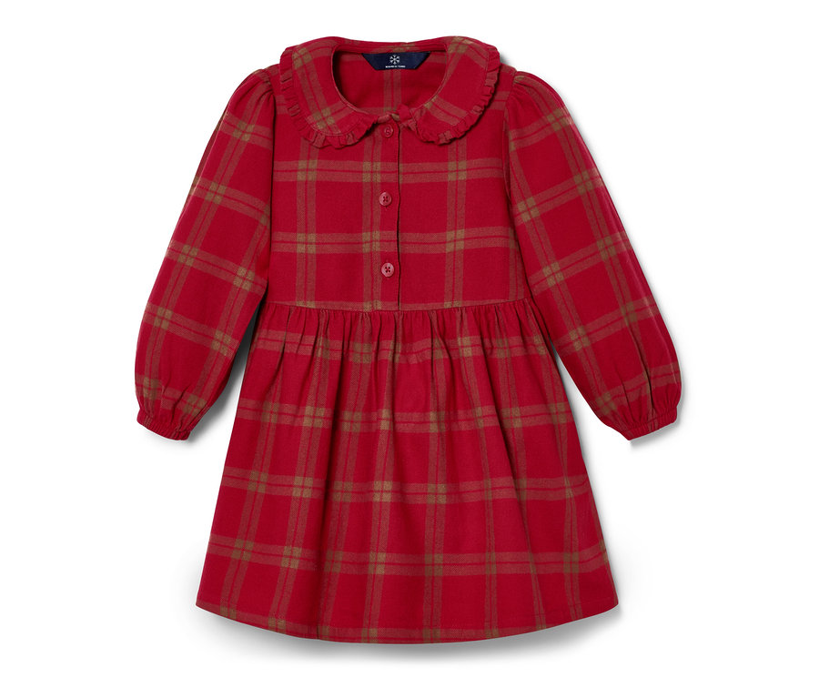 Ein rot kariertes Kleinkind-Webkleid mit langen Ärmeln und Kragen.