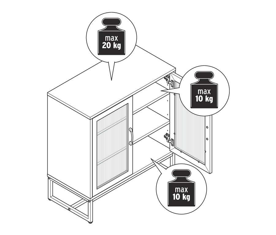 Zeichnung eines Sideboards mit Glastüren, mit geöffneten Türen und Beschriftungen zur maximalen Tragfähigkeit.