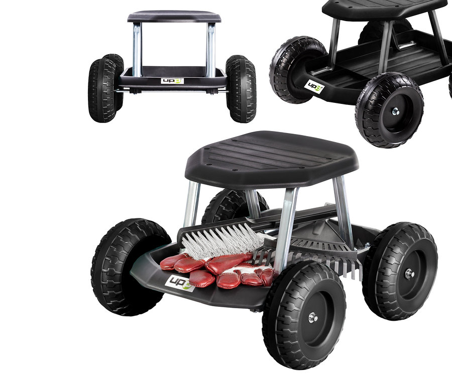 Schwarzer Rollsitz-Gartenwagen mit vier Rädern.