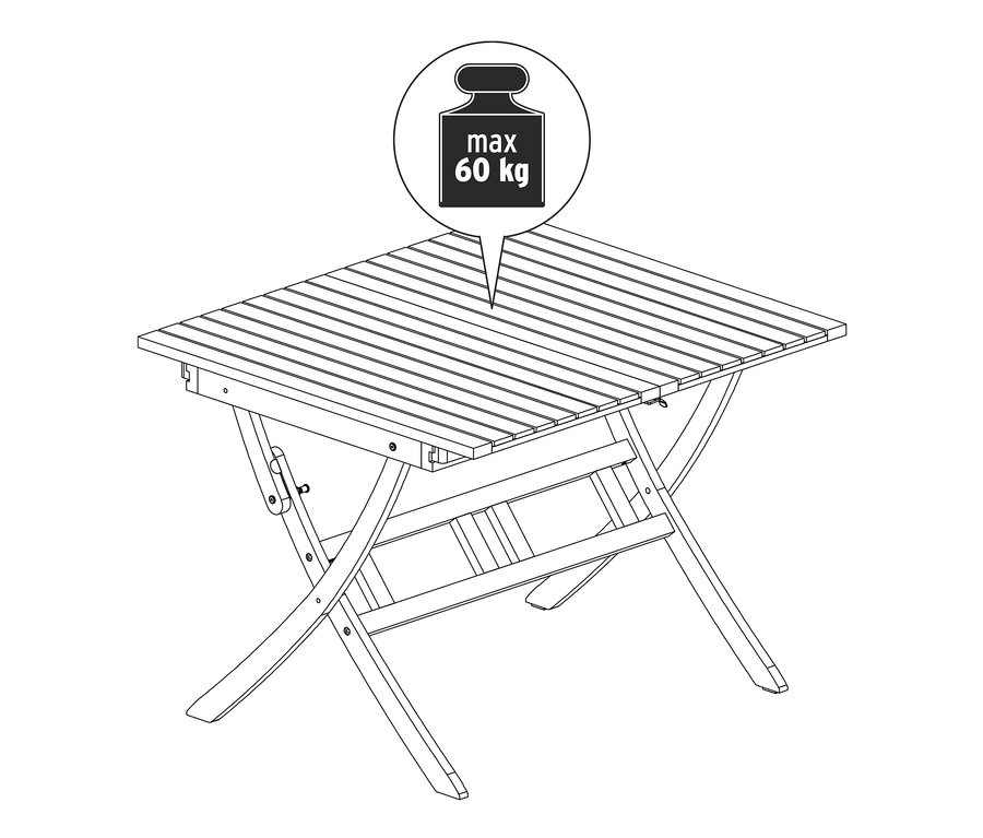 Illustration von einem zusammenklappbaren Ausziehtisch »Lenja« mit einer maximalen Belastbarkeit von 60 kg.
