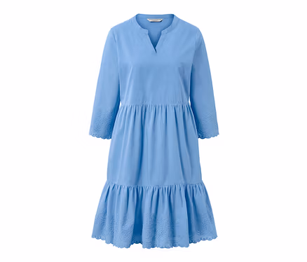 Blaues Webkleid mit Stickerei.