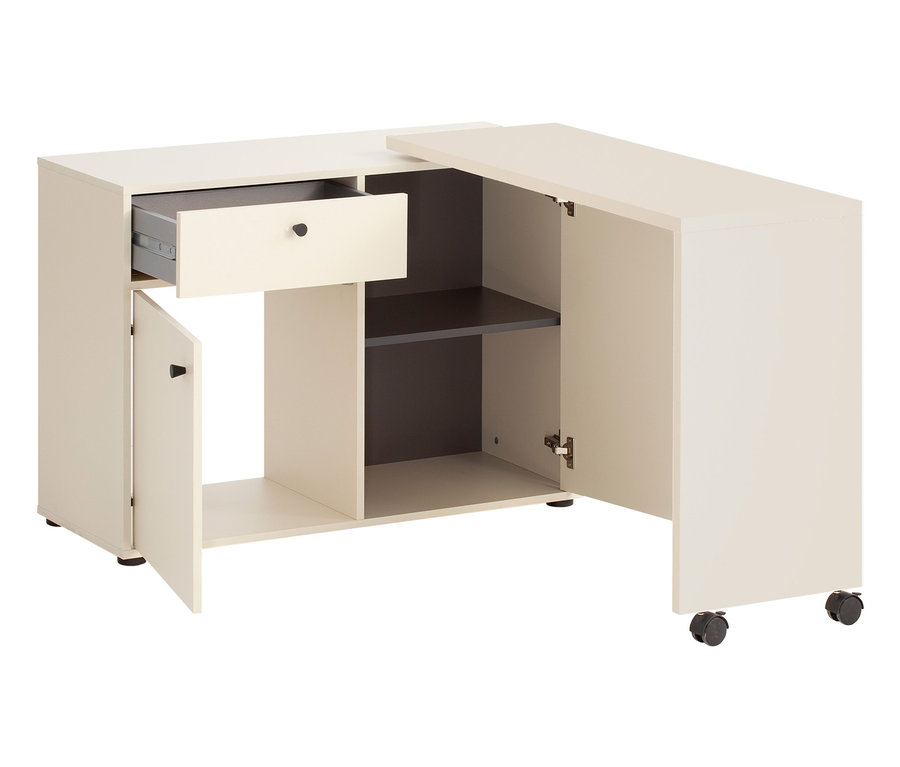 Weißer 2-in-1-Drehtischschrank »Lovund« mit offener Tür, Schublade und Rollen.