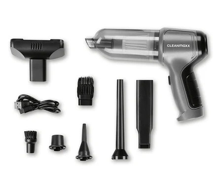 Grauer Cleanmaxx Akku-Handstaubsauger mit verschiedenem Zubehör auf weißem Hintergrund.