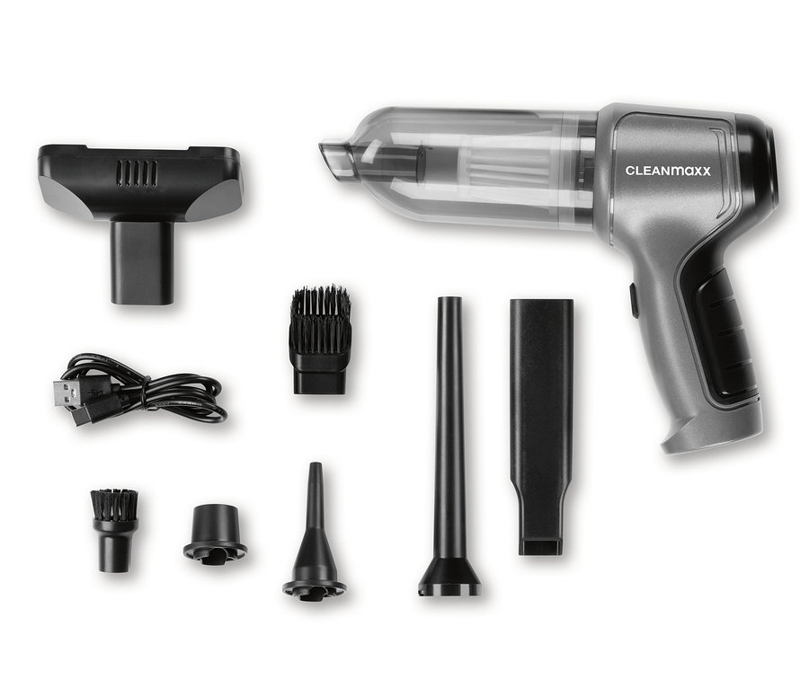 Grauer Cleanmaxx Akku-Handstaubsauger mit verschiedenem Zubehör auf weißem Hintergrund.