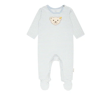 Blau gestreifter Steiff Baby-Strampler mit Teddybär.