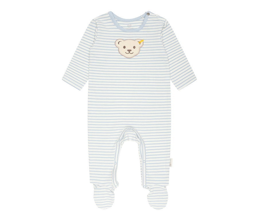 Blau gestreifter Steiff Baby-Strampler mit Teddybär.