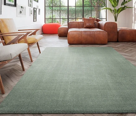 Wohnzimmer mit braunem Ledersofa, zwei Stühlen und grünem Teppich »Mellow«, ca. 60 x 115 cm.