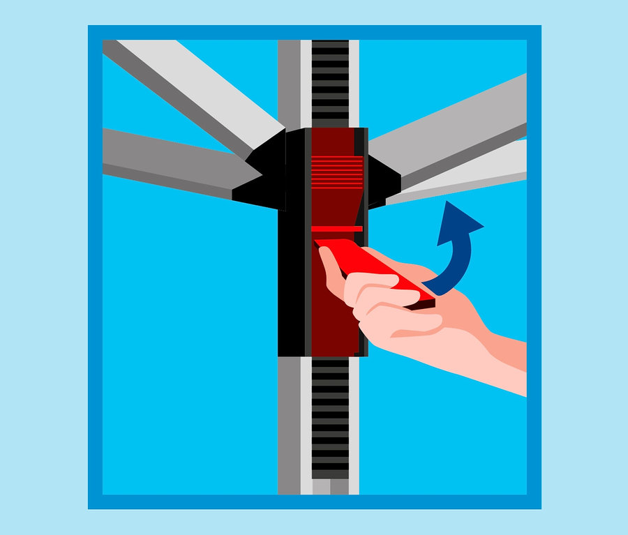 Hand betätigt Mechanismus zum Zusammenklappen eines Wäscheständers. SUN-LIFT COMPACT Wäschespinne ist teilweise sichtbar.