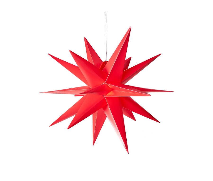 Ein roter AMARE LED-3D-Außenstern hängt vor einem weißen Hintergrund.