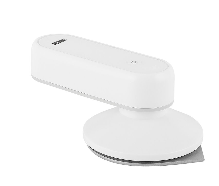 Detailaufnahme eines weißen Akku-Bügeleisens.