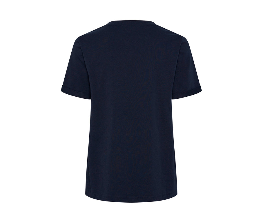 Dunkelblaues T-Shirt mit Stickerei.